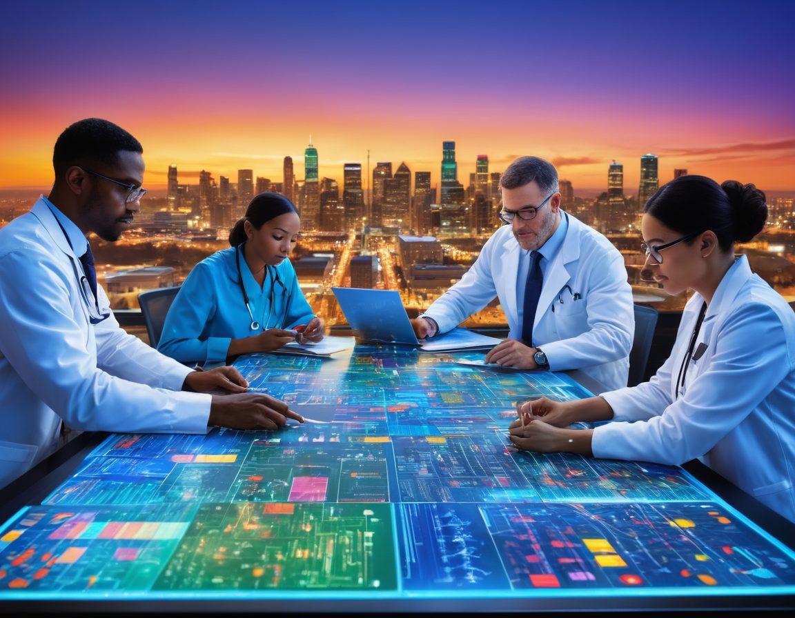 A diverse group of professionals gathered around a table, engaging in deep discussion with charts and documents about insurance solutions. Each person represents a different field: healthcare, technology, and agriculture, showcasing collaboration. Background features a city skyline and symbols of various industries. The atmosphere is dynamic and focused, conveying expertise and teamwork. vibrant colors. super-realistic.