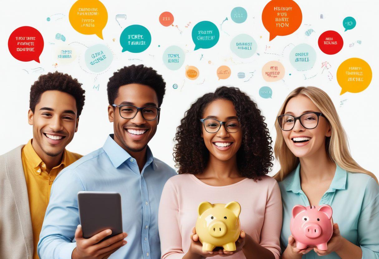 A collage showcasing a diverse group of people comparing insurance quotes on digital devices, surrounded by visually appealing symbols of savings like piggy banks, dollar signs, and calculators. The background should feel light and optimistic, enhancing the theme of smart financial decisions. Add text bubbles with key phrases like 'Best Offers' and 'Expert Tips'. The color palette should be bright and engaging. vector art. vibrant colors. white background.